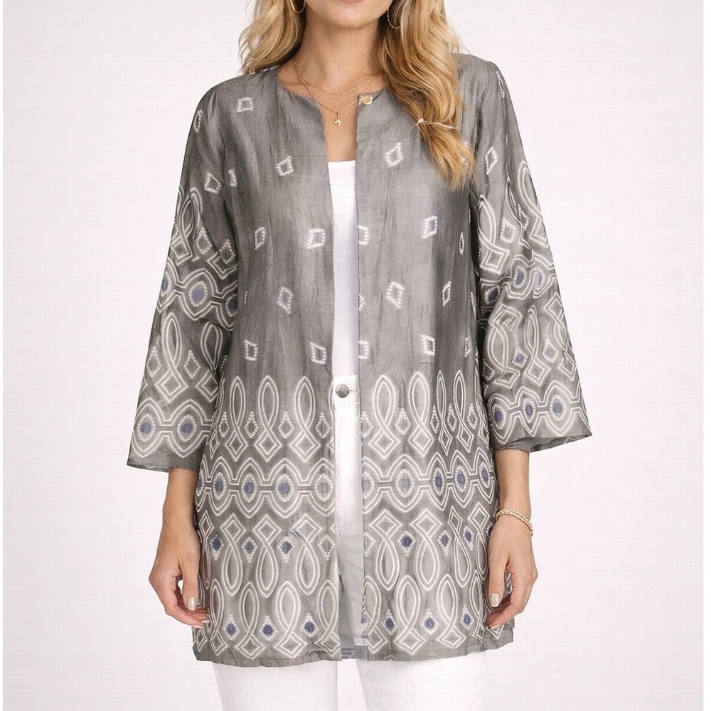 Sigrid Olsen‎ Signature NEW Silk Blend Embroidered Duster Jacket Grey M Cadigan
